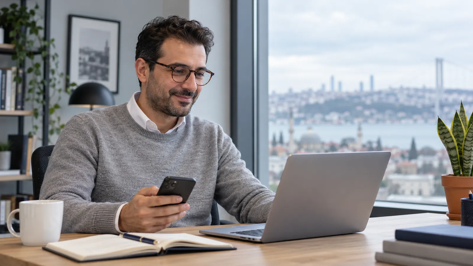 Boğaz manzaralı ofisinde telefonu ve dizüstü bilgisayarıyla çalışan işletme sahibi