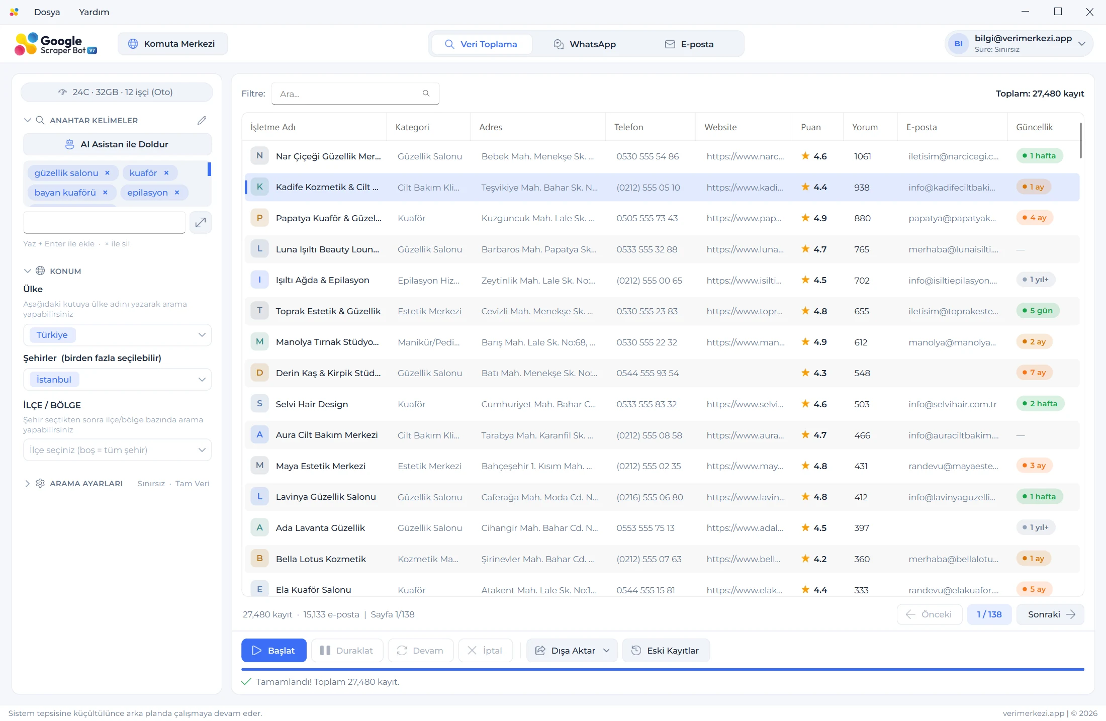 Google Scraper Botu ana ekranı: işletmelerin adı, kategorisi, adresi, telefonu, web sitesi, puanı ve yorum sayısı tablo halinde