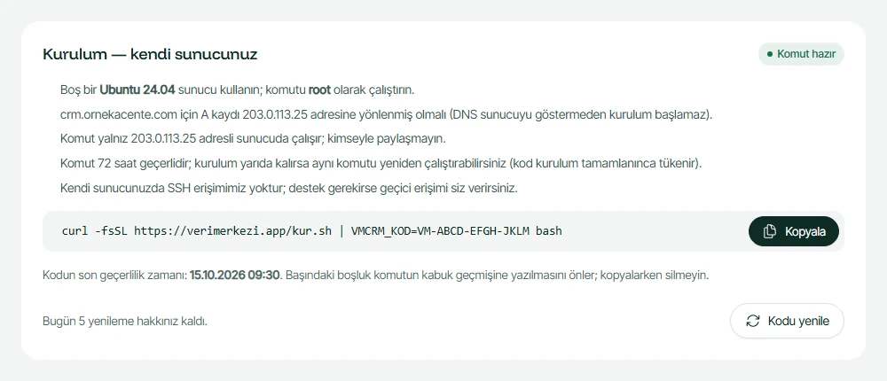 Veri Merkezi paneli: kendi sunucunuz için kurulum komutu, kopyala ve kodu yenile düğmeleri