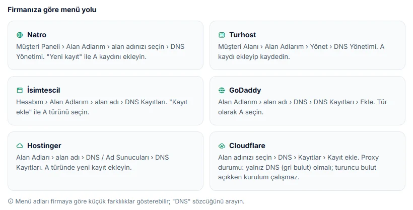 Natro, Turhost, İsimtescil, GoDaddy, Hostinger ve Cloudflare için DNS menü yolları