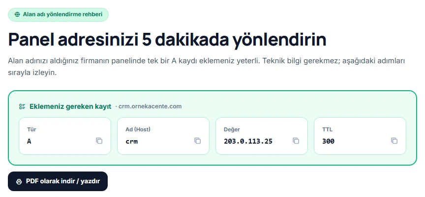 Alan adı yönlendirme rehberi: eklemeniz gereken kayıt kutusu, kopyalama düğmeleri ve PDF indirme