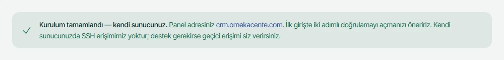 Veri Merkezi paneli: kurulum tamamlandı bildirimi ve panel adresi