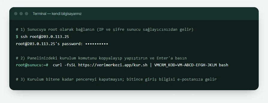 Terminalde sunucuya root olarak SSH ile bağlanma ve kurulum komutunu yapıştırma